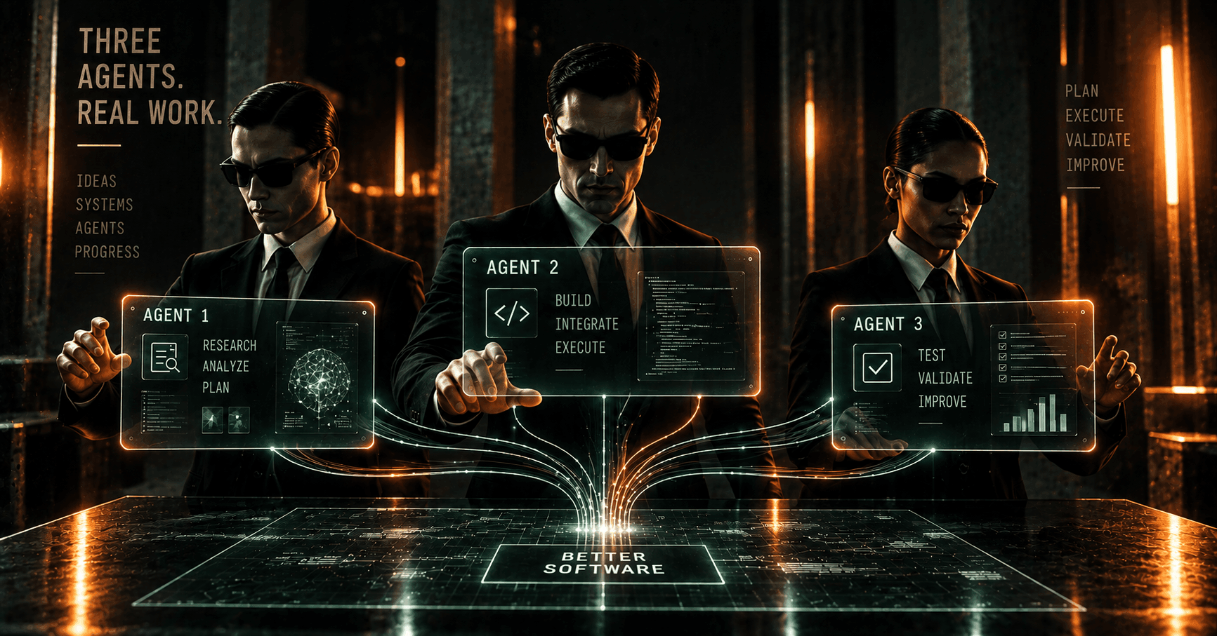 Three suited figures interact with holographic panels labeled Agent 1, Agent 2, and Agent 3 above a glowing circuit table.