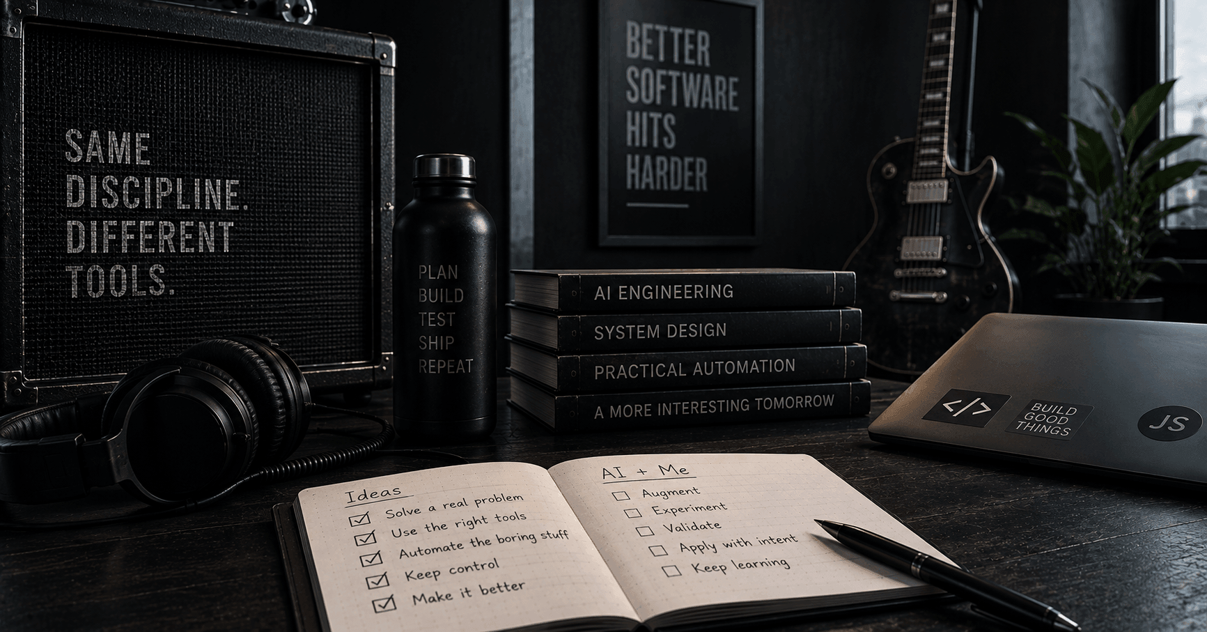 A desk with an amplifier reading "Same discipline, different tools", a stack of engineering books, an open notebook checklist, and a laptop.